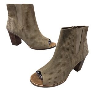 Toms Majorca Peep Toe Booties 11 Taupe Perforated Suede Block Heel Ankle Boots